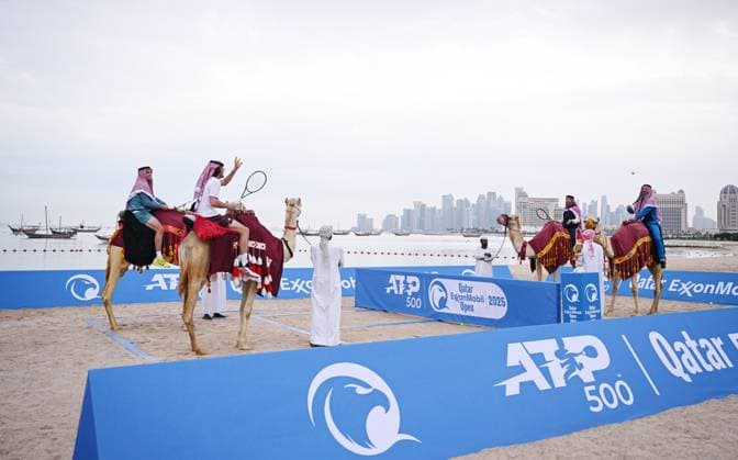 Qatar ExxonMobil Open 2025 Photostunt at Katara Beach , Doha Qatar Grigor Dimitrov (BUL), Novak Djokovic (SRB) , Carlos Alcaraz (ESP) and Stefanos Tsitsipas (GRE)