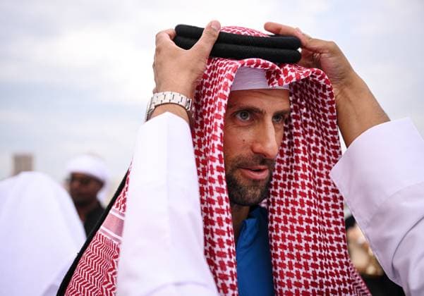 Qatar ExxonMobil Open 2025 Photostunt at Katara Beach , Doha Qatar Grigor Dimitrov (BUL), Novak Djokovic (SRB) , Carlos Alcaraz (ESP) and Stefanos Tsitsipas (GRE)