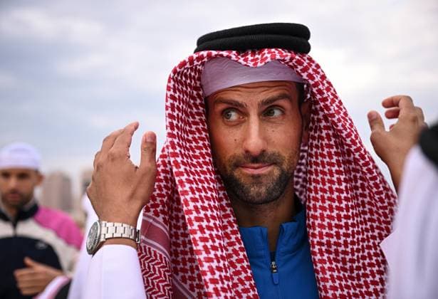 Qatar ExxonMobil Open 2025 Photostunt at Katara Beach , Doha Qatar Grigor Dimitrov (BUL), Novak Djokovic (SRB) , Carlos Alcaraz (ESP) and Stefanos Tsitsipas (GRE)
