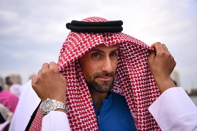 Qatar ExxonMobil Open 2025 Photostunt at Katara Beach , Doha Qatar Grigor Dimitrov (BUL), Novak Djokovic (SRB) , Carlos Alcaraz (ESP) and Stefanos Tsitsipas (GRE)