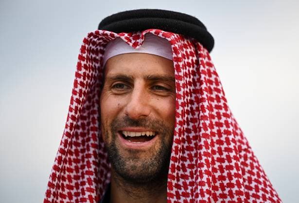 Qatar ExxonMobil Open 2025 Photostunt at Katara Beach , Doha Qatar Grigor Dimitrov (BUL), Novak Djokovic (SRB) , Carlos Alcaraz (ESP) and Stefanos Tsitsipas (GRE)