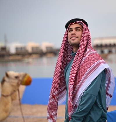 Qatar ExxonMobil Open 2025 Photostunt at Katara Beach , Doha Qatar Grigor Dimitrov (BUL), Novak Djokovic (SRB) , Carlos Alcaraz (ESP) and Stefanos Tsitsipas (GRE)