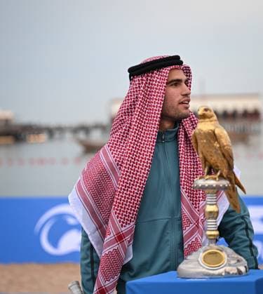 Qatar ExxonMobil Open 2025 Photostunt at Katara Beach , Doha Qatar Grigor Dimitrov (BUL), Novak Djokovic (SRB) , Carlos Alcaraz (ESP) and Stefanos Tsitsipas (GRE)