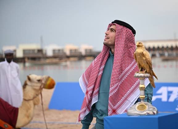 Qatar ExxonMobil Open 2025 Photostunt at Katara Beach , Doha Qatar Grigor Dimitrov (BUL), Novak Djokovic (SRB) , Carlos Alcaraz (ESP) and Stefanos Tsitsipas (GRE)