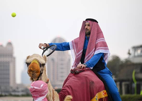 Qatar ExxonMobil Open 2025 Photostunt at Katara Beach , Doha Qatar Grigor Dimitrov (BUL), Novak Djokovic (SRB) , Carlos Alcaraz (ESP) and Stefanos Tsitsipas (GRE)
