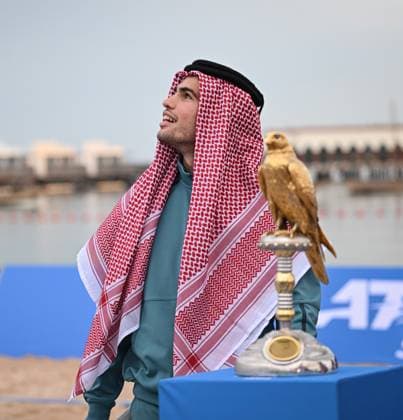 Qatar ExxonMobil Open 2025 Photostunt at Katara Beach , Doha Qatar Grigor Dimitrov (BUL), Novak Djokovic (SRB) , Carlos Alcaraz (ESP) and Stefanos Tsitsipas (GRE)