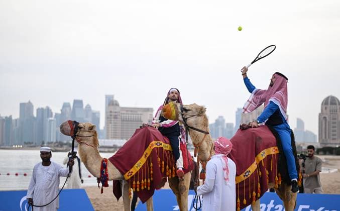 Qatar ExxonMobil Open 2025 Photostunt at Katara Beach , Doha Qatar Grigor Dimitrov (BUL), Novak Djokovic (SRB) , Carlos Alcaraz (ESP) and Stefanos Tsitsipas (GRE)