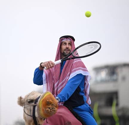 Qatar ExxonMobil Open 2025 Photostunt at Katara Beach , Doha Qatar Grigor Dimitrov (BUL), Novak Djokovic (SRB) , Carlos Alcaraz (ESP) and Stefanos Tsitsipas (GRE)