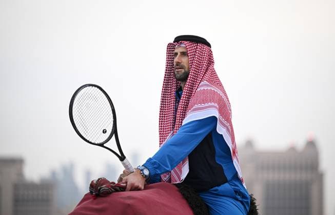 Qatar ExxonMobil Open 2025 Photostunt at Katara Beach , Doha Qatar Grigor Dimitrov (BUL), Novak Djokovic (SRB) , Carlos Alcaraz (ESP) and Stefanos Tsitsipas (GRE)
