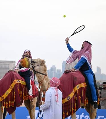 Qatar ExxonMobil Open 2025 Photostunt at Katara Beach , Doha Qatar Grigor Dimitrov (BUL), Novak Djokovic (SRB) , Carlos Alcaraz (ESP) and Stefanos Tsitsipas (GRE)