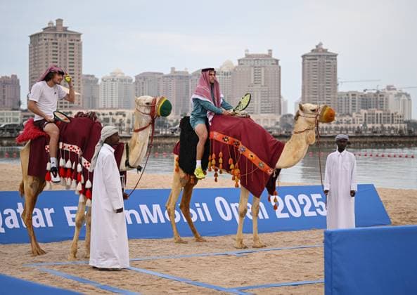 Qatar ExxonMobil Open 2025 Photostunt at Katara Beach , Doha Qatar Grigor Dimitrov (BUL), Novak Djokovic (SRB) , Carlos Alcaraz (ESP) and Stefanos Tsitsipas (GRE)