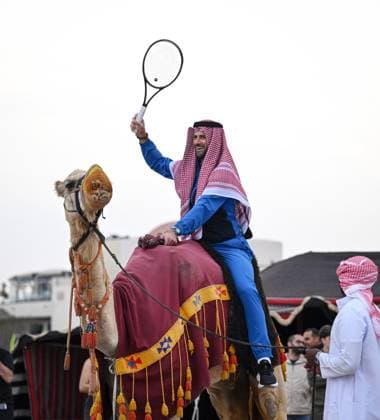 Qatar ExxonMobil Open 2025 Photostunt at Katara Beach , Doha Qatar Grigor Dimitrov (BUL), Novak Djokovic (SRB) , Carlos Alcaraz (ESP) and Stefanos Tsitsipas (GRE)