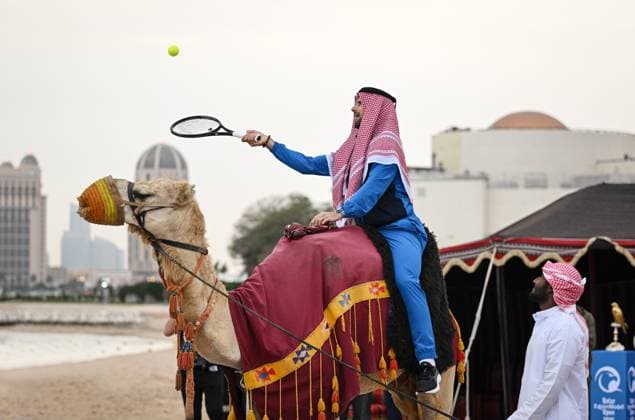 Qatar ExxonMobil Open 2025 Photostunt at Katara Beach , Doha Qatar Grigor Dimitrov (BUL), Novak Djokovic (SRB) , Carlos Alcaraz (ESP) and Stefanos Tsitsipas (GRE)