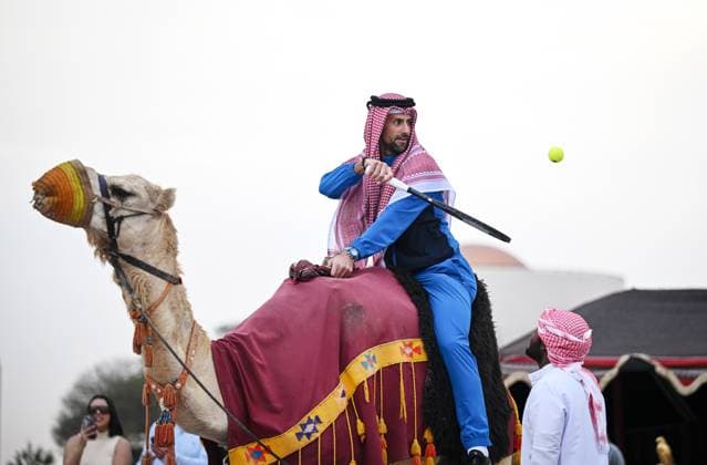 Qatar ExxonMobil Open 2025 Photostunt at Katara Beach , Doha Qatar Grigor Dimitrov (BUL), Novak Djokovic (SRB) , Carlos Alcaraz (ESP) and Stefanos Tsitsipas (GRE)