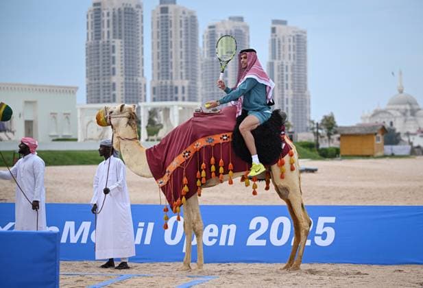 Qatar ExxonMobil Open 2025 Photostunt at Katara Beach , Doha Qatar Grigor Dimitrov (BUL), Novak Djokovic (SRB) , Carlos Alcaraz (ESP) and Stefanos Tsitsipas (GRE)