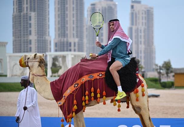 Qatar ExxonMobil Open 2025 Photostunt at Katara Beach , Doha Qatar Grigor Dimitrov (BUL), Novak Djokovic (SRB) , Carlos Alcaraz (ESP) and Stefanos Tsitsipas (GRE)