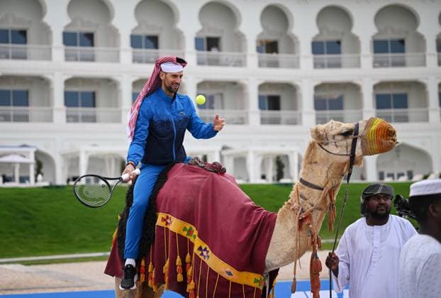 Qatar ExxonMobil Open 2025 Photostunt at Katara Beach , Doha Qatar Grigor Dimitrov (BUL), Novak Djokovic (SRB) , Carlos Alcaraz (ESP) and Stefanos Tsitsipas (GRE)