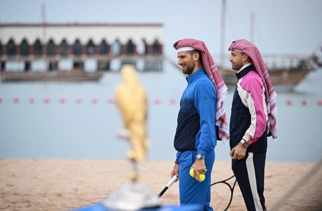 Qatar ExxonMobil Open 2025 Photostunt at Katara Beach , Doha Qatar Grigor Dimitrov (BUL), Novak Djokovic (SRB) , Carlos Alcaraz (ESP) and Stefanos Tsitsipas (GRE)