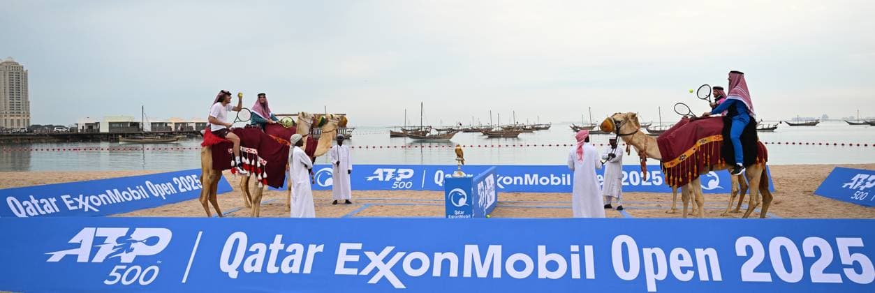 Qatar ExxonMobil Open 2025 Photostunt at Katara Beach , Doha Qatar Grigor Dimitrov (BUL), Novak Djokovic (SRB) , Carlos Alcaraz (ESP) and Stefanos Tsitsipas (GRE)