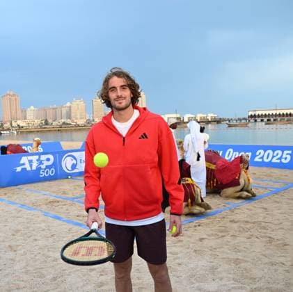 Qatar ExxonMobil Open 2025 Photostunt at Katara Beach , Doha Qatar Grigor Dimitrov (BUL), Novak Djokovic (SRB) , Carlos Alcaraz (ESP) and Stefanos Tsitsipas (GRE)