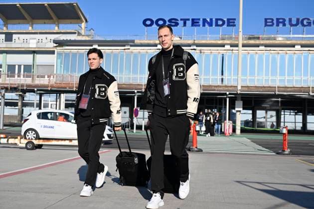 Atalanta v Club Brugge - UEFA Champions League Media Activities 17 02 2025 OOSTENDE, BELGIUM - FEBRUARY 17 : Vetlesen Hugo midfielder of Club Brugge, Nilsson Gustaf forward of Club Brugge , pictured at the Oostende airport before departure for the UEFA Champions League 2024 25 knockout phase play-off match second leg between Atalanta and Club Brugge on February 17, 2025 in Oostende, Belgium, 17 02 2025 Oostende Belgium  Copyright: xJanxDexMeuleneirx