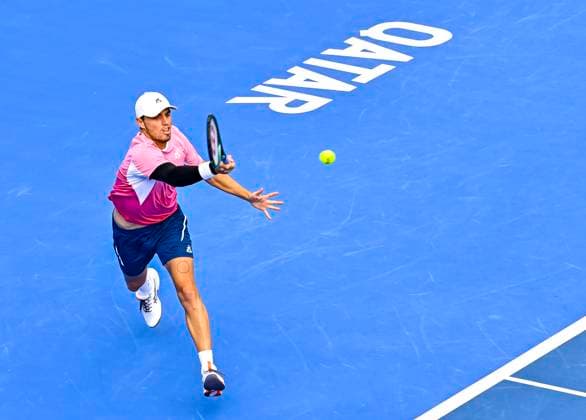 ATP, Tennis Herren QATAR EXXONMOBIL OPEN ROUND OF 32 Christopher O connell of Australia competes in her round of 32 match against Hady Habib of Lebanon during the ATP Qatar ExxonMobil Open 2025 tennis tournament at the Khalifa International Tennis Complex in Doha, Qatar, on February 17, 2025. DOHA Qatar Copyright: xNOUSHADx