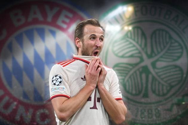 FOTOMONTAGE:Harry KANE (Bayern Muenchen) fehlt beim Abschlusstrainig, Abschlusstraining am 17.02.2025 vor dem Fussball Champions League K.O. Phase Play offs FC Bayern Muenchen - Celtic Glasgow.