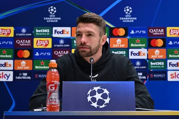 February 17, 2025, Bergamo, Italia: Brugge s Brandon Mechele during a press conference, PK, Pressekonferenz on the eve of the UEFA Champions League knockout phase play-offs 2st leg match between Atalanta BC and Club Brugge KV at Bergamo Stadium in Bergamo, Italy, 17 February 2025..ANSA MICHELE MARAVIGLIA Soccer: Champions League; Atalanta-Club Brugge  - ZUMAa110 20250217_zaf_a110_025 Copyright: xMichelexMaravigliax