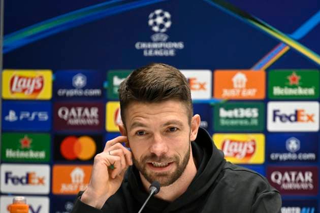 Atalanta v Club Brugge - UEFA Champions League Media Activities 17 02 2025 BERGAMO, ITALY - FEBRUARY 17 : Mechele Brandon defender of Club Brugge and Hayen Nicky head coach of Club Brugge talking to the press during a press conference, PK, Pressekonferenz ahead of the UEFA Champions League 2024 25 knockout phase play-off match second leg between Atalanta and Club Brugge on February 17, 2025 in Bergamo, Italy, 17 02 2025 Bergamo Italy  Copyright: xJanxDexMeuleneirx