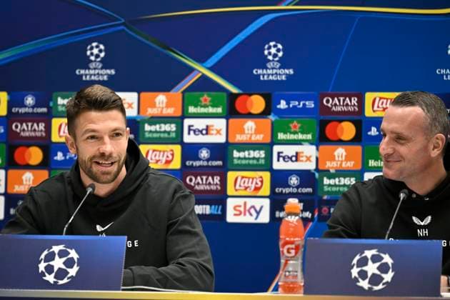 Atalanta v Club Brugge - UEFA Champions League Media Activities 17 02 2025 BERGAMO, ITALY - FEBRUARY 17 : Mechele Brandon defender of Club Brugge and Hayen Nicky head coach of Club Brugge talking to the press during a press conference, PK, Pressekonferenz ahead of the UEFA Champions League 2024 25 knockout phase play-off match second leg between Atalanta and Club Brugge on February 17, 2025 in Bergamo, Italy, 17 02 2025 Bergamo Italy  Copyright: xJanxDexMeuleneirx