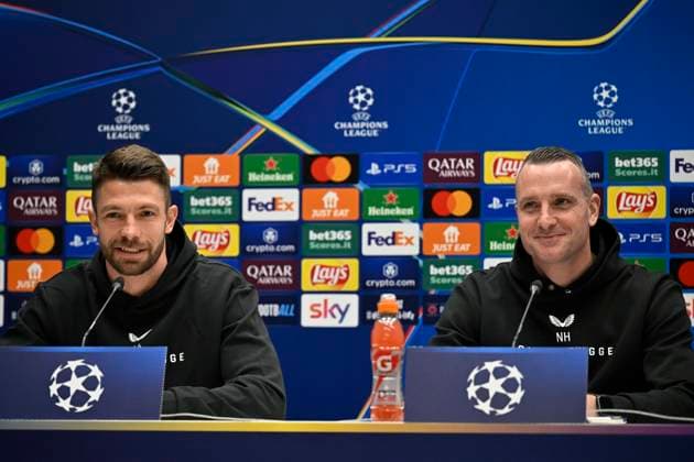 Atalanta v Club Brugge - UEFA Champions League Media Activities 17 02 2025 BERGAMO, ITALY - FEBRUARY 17 : Mechele Brandon defender of Club Brugge and Hayen Nicky head coach of Club Brugge talking to the press during a press conference, PK, Pressekonferenz ahead of the UEFA Champions League 2024 25 knockout phase play-off match second leg between Atalanta and Club Brugge on February 17, 2025 in Bergamo, Italy, 17 02 2025 Bergamo Italy  Copyright: xJanxDexMeuleneirx