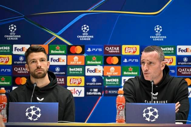 Atalanta v Club Brugge - UEFA Champions League Media Activities 17 02 2025 BERGAMO, ITALY - FEBRUARY 17 : Mechele Brandon defender of Club Brugge and Hayen Nicky head coach of Club Brugge talking to the press during a press conference, PK, Pressekonferenz ahead of the UEFA Champions League 2024 25 knockout phase play-off match second leg between Atalanta and Club Brugge on February 17, 2025 in Bergamo, Italy, 17 02 2025 Bergamo Italy  Copyright: xJanxDexMeuleneirx