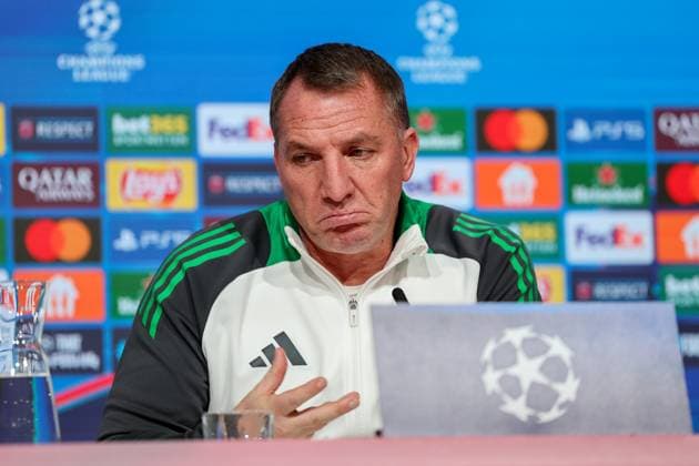 Brendan Rodgers (Celtic Glasgow, Chef-Trainer) bei der Pressekonferenz, GER, Internationale Pressekonferenz, Celtic Glasgow, Fussball, UEFA Champions League, Play-offs, Saison 2024 2025, 17.02.2025, GER, Internationale Pressekonferenz, Celtic Glasgow, Fussball, UEFA Champions League, Play-offs, Saison 2024 2025, 17.02.2025 Muenchen Copyright: xEibner-Pressefoto JennixMaulx EP_JML