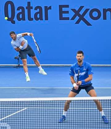 ATP, Tennis Herren QATAR EXXONMOBIL OPEN DOUBLES ROUND OF 16 Novak Djokovic (R) of Serbia and Fernando Verdasco of Spain competest during their doubles round of 16 match against Alexander Bublik of Kazakistan and Karen Khachanov of Russia at the ATP Qatar ExxonMobil Open 2025 tennis tournament at the Khalifa International Tennis Complex in Doha, Qatar, on February 17, 2025. DOHA Qatar Copyright: xNOUSHADx