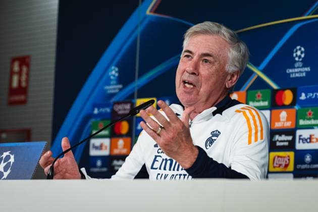 UEFA Champions League 2024 25 League Knockout Play-off Second Leg: Real Madrid Training Session and press conference, PK, Pressekonferenz Carlo Ancelotti, head coach of Real Madrid CF, seen speaking during the UEFA Champions League 2024 25 League Knockout Play-off Second Leg Training And Press Conference at Ciudad Real Madrid on February 18, 2025 in Madrid, Spain. Valdebebas Ciudad Real Madrid Madrid Spain Copyright: xAlbertoxGardinx AGardin_20250218_Real_Madrid_Training_Press_0284