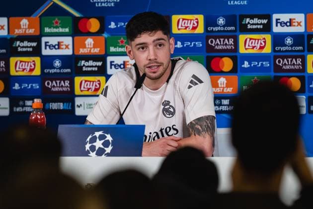 UEFA Champions League 2024 25 League Knockout Play-off Second Leg: Real Madrid Training Session and press conference, PK, Pressekonferenz Federico Valverde of Real Madrid CF seen speaking during the UEFA Champions League 2024 25 League Knockout Play-off Second Leg Training And Press Conference at Ciudad Real Madrid on February 18, 2025 in Madrid, Spain. Valdebebas Ciudad Real Madrid Madrid Spain Copyright: xAlbertoxGardinx AGardin_20250218_Real_Madrid_Training_Press_0295