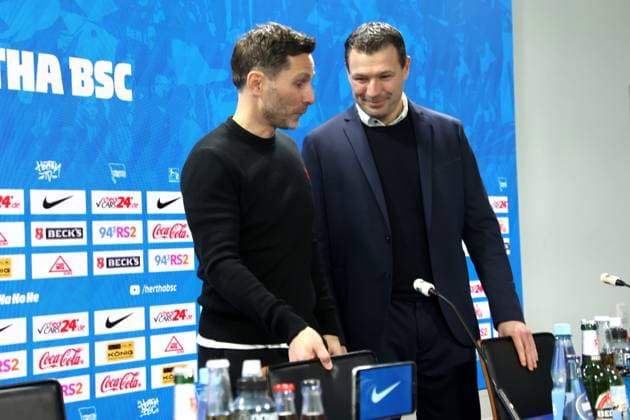 DEU, DFL, 2. FBL Hertha BSC, PK, 18.02.2025, Sportforum, Berlin, DEU, DFL, 2. FBL Hertha BSC, PK, im Bild Cheftrainer Stefan Leitl (Hertha BSC Berlin), Co-Trainer Andre Mijatovic (Hertha BSC Berlin), Benjamin Weber (Sportdirektor, Hertha BSC Berlin) DFL - regulations prohibit any use of Photographs as image sequences and or quasi-video Foto: Juergen Engler nordphoto GmbH