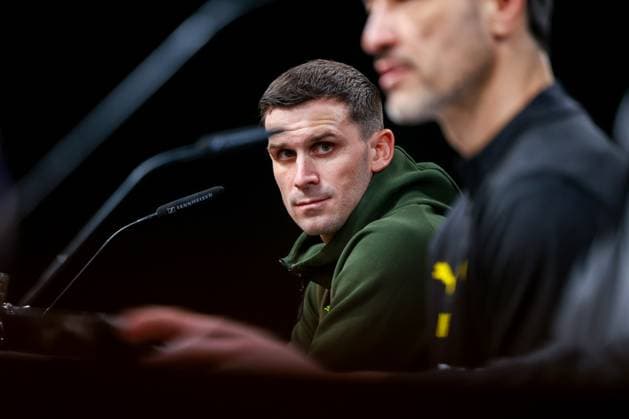 18.02.2025, Pressekonferenz zum UEFA Champions League Spiel zwischen Borussia Dortmund und Sporting Lissabon, Pascal Groß (Borussia Dortmund), Dortmund Signal Iduna Park NRW Deutschland xRHR-FOTO DEx Copyright: DennisxEwert RHR-FOTOx RHR-FOTO DE