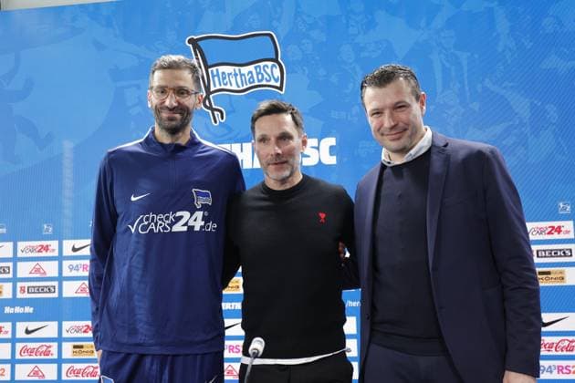 Andre Mijatovic, Co-Trainer , Cheftrainer Stefan Leitl, Sportdirektor Benjamin Weber, Deutschland, Berlin, Sportpark, GER, 2.FBL, Hertha BSC, Saison 2024 25, Pressekonferenz mit dem neuen Cheftrainer Stefan Leitl und Sportdirektor Benjamin Weber
