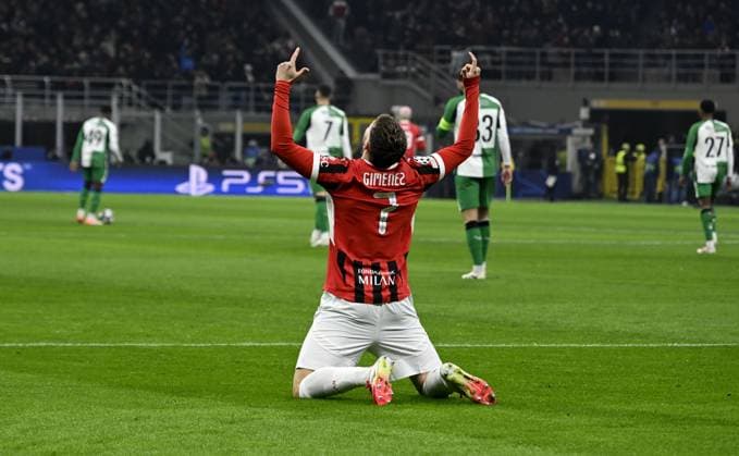 Foto IPP Paolo Bona Milano 18 02 2025 UEFA Champions League di Calcio stagione 2024 2025 partita Milan-Feyenoord Nella foto Santiago Gimenez esulta dopo il gol del 1-0 Italy Photo Press Worldwide Copyright italy Italy ITALY  Copyright: xR4924_italyphotopressx