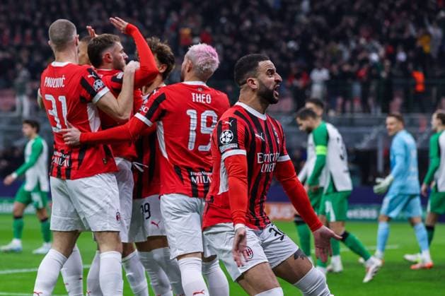 Kyle Andrew Walker of AC Milan celebrates during UEFA Champions League 2024 25 Knockout phase play-offs 2nd leg football match between AC Milan and Feyenoord Rotterdam at San Siro Stadium  Copyright: xFabrizioxCarabelli IPAxSportx xipa-agency.netx xx IPA_54259431 IPA_Agency_IPA54259431