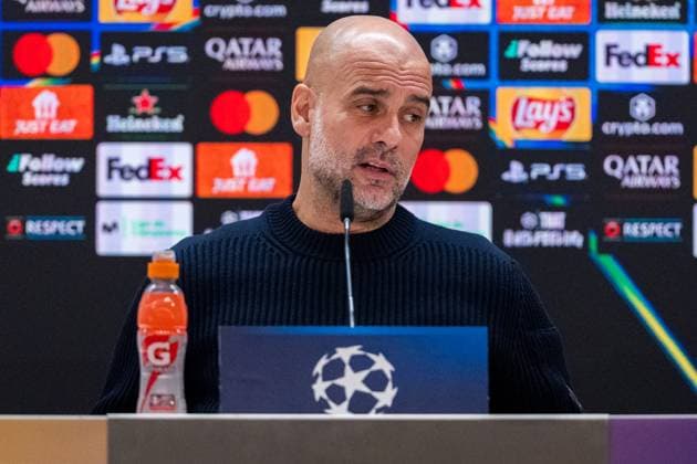 UEFA Champions League 2024 25 League Knockout Play-off Second Leg: Manchester City press conference, PK, Pressekonferenz Pep Guardiola, head coach of Manchester City FC, seen getting into the press room during the UEFA Champions League 2024 25 League Knockout Play-off Second Leg Press Conference at Estadio Santiago Bernabeu on February 18, 2025 in Madrid, Spain. Madrid Estadio Santiago Bernabeu Madrid Spain Copyright: xAlbertoxGardinx AGardin_20250218_Man_City_Press_0113