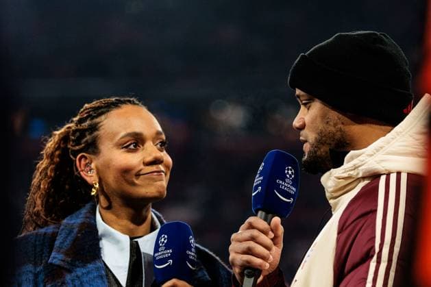 UEFA Champions League: FC Bayern München - Celtic FC; 18.02.2025 Cayana Freeman (Prime Moderatorin) im Interview mit Vincent Kompany (Trainer FC Bayern München) UEFA Champions League: FC Bayern München - Celtic FC, München, Allianz Arena am 17.02.2025 Copyright: xBEAUTIFULxSPORTS Wunderlx