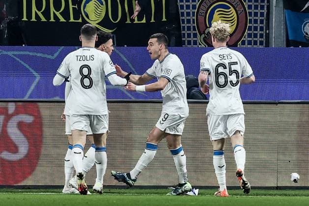 Club s Ferran Jutgla celebrates during a soccer game between Italian Atalanta BC Bergamo and Belgian Club Brugge KV, on Tuesday 18 February 2025 in Bergamo, Italy, the return leg of the Knockout phase play-offs of the UEFA Champions League competition. BRUNOxFAHY  x112736183x