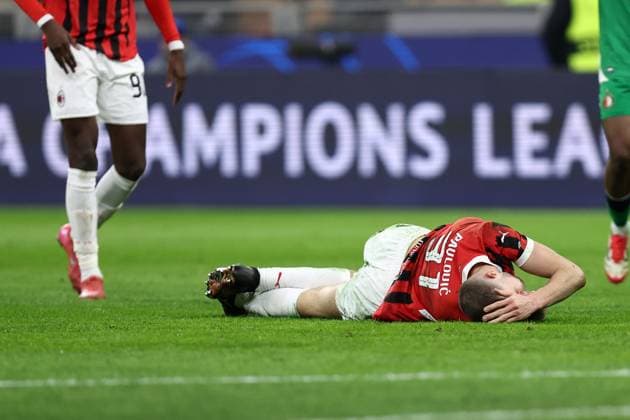 Strahinja Pavlovic (Ac Milan) looks dejected, UEFA Champions League 2024 25 League Knockout Play-off Second Leg, AC Milan v Feyenoord, Stadio Giuseppe Meazza (San Siro), February 18, 2025, Milan, Italy.