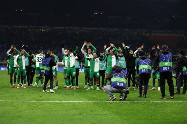 Players of Feyenoord celebrate after winning, UEFA Champions League 2024 25 League Knockout Play-off Second Leg, AC Milan v Feyenoord, Stadio Giuseppe Meazza (San Siro), February 18, 2025, Milan, Italy.