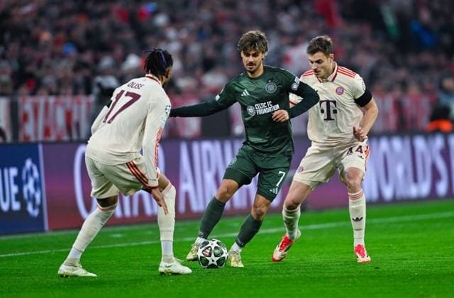 Jota (Celtic FC), Josip Stanisic (FC Bayern München) and Michael Olise (FC Bayern München) battle for the ball during the UEFA Champions League 2024 25 League Knockout Play-off Second Leg match between FC Bayern München and Celtic FC at Allianz Arena on February 18, 2025 in Munich, Germany. (Photo by Silas Schueller DeFodi Images) Defodi-738_738_BAYCEL_20250218_150