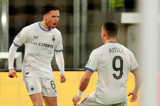 BruggeÕs Chemsdine Talbi celebrates after scoring 0-1 during the Uefa Champions League soccer match between Atalanta BC and Club Brugge at Gewiss Stadium in Bergamo, north Italy - Tuesday , February 18 , 2025. - Soccer .  Copyright: xSpada LaPressex