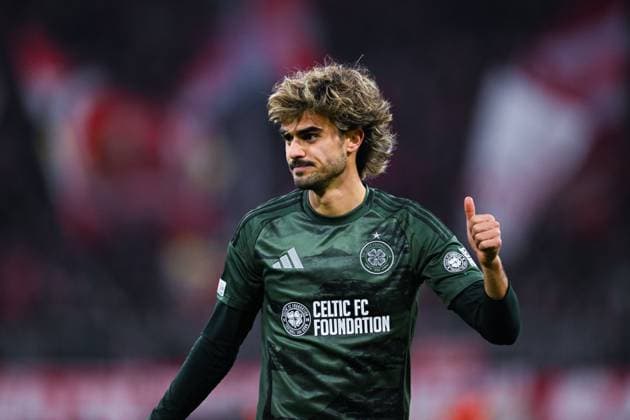 Jota (Celtic FC) gestures during the UEFA Champions League 2024 25 League Knockout Play-off Second Leg match between FC Bayern München and Celtic FC at Allianz Arena on February 18, 2025 in Munich, Germany. (Photo by Silas Schueller DeFodi Images) Defodi-738_738_BAYCEL_20250218_188