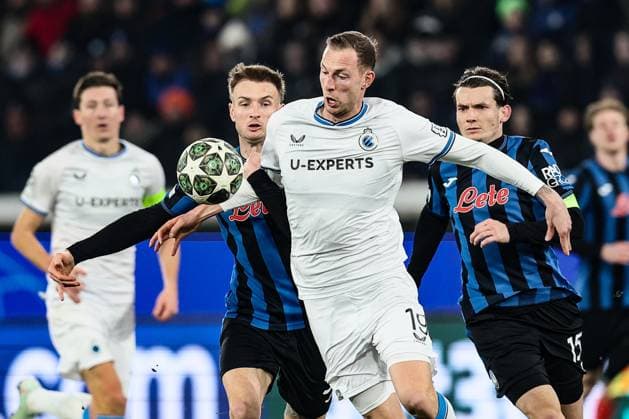 Club s Gustaf Nilsson pictured in action during a soccer game between Italian Atalanta BC Bergamo and Belgian Club Brugge KV, on Tuesday 18 February 2025 in Bergamo, Italy, the return leg of the Knockout phase play-offs of the UEFA Champions League competition. BRUNOxFAHY  x112740306x